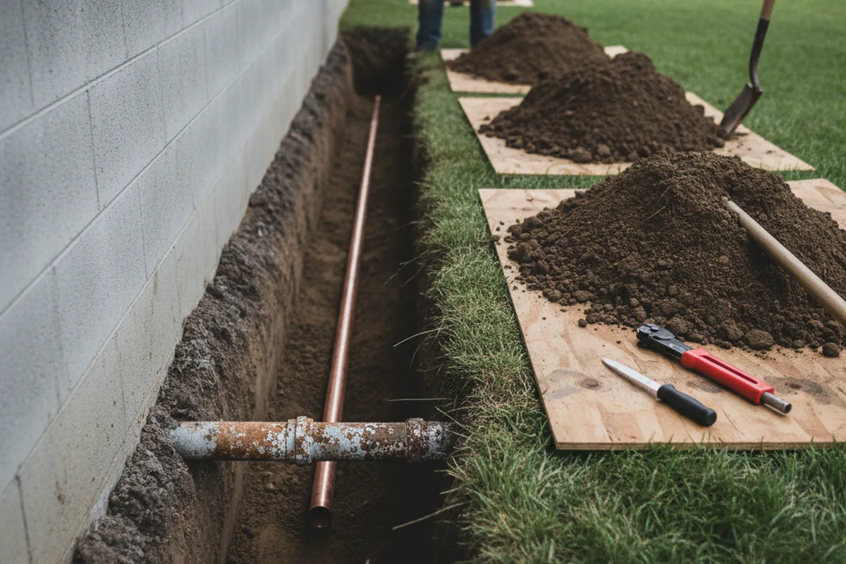 Excavated water line trench during Water Softener Installation in Leaf River